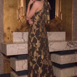 Back view of the Gilded Bloom Halter Jacquard Dress showing the tied halter neckline