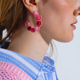 Gold Hoop Earring With Woolen Spheres in Pink and Fuchsia
