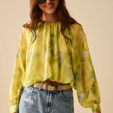 green printed chiffon blouse with balloon sleeves