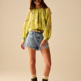 green printed chiffon blouse with balloon sleeves