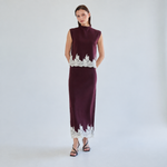 Full front view of Grenat Dentelle burgundy knit top and maxi skirt set with ivory lace hems