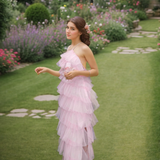 Haltered Sliding Ruffle Layered Hem fit and flare tutu ankle length tulle prom dress