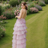 Haltered Sliding Ruffle Layered Hem fit and flare tutu ankle length tulle prom dress