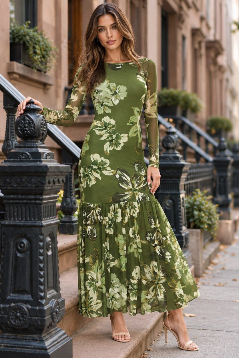Flying Tomato Enchanted Grove Moss Green Printed Mesh Ankle Dress