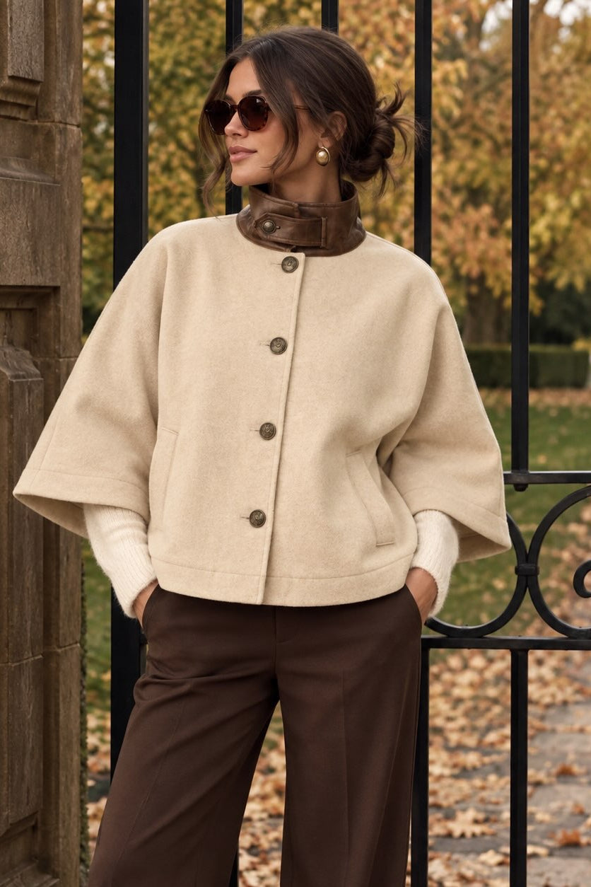 Flying Tomato City in Motion Buckled Capelet Jacket in taupe