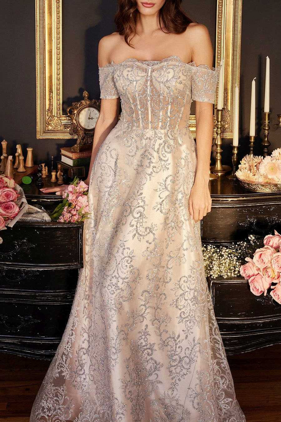 Ladivine J835 Floor Length Off the Shoulder A-line Glitter Print Gown