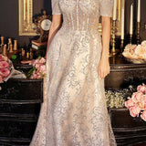 Ladivine J835 Floor Length Off the Shoulder A-line Glitter Print Gown