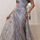 Ladivine J836 Long Off the Shoulder Lace Gown with Over Skirt