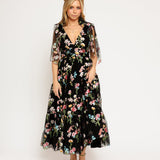 Margaret Floral Embroidered Midi Dress Black