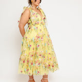 Margaret Floral Embroidered Midi Dress Yellow