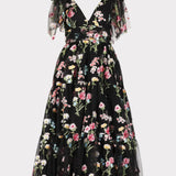 Margaret Floral Embroidered Midi Dress Black