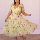 Margaret Floral Embroidered Midi Dress Yellow
