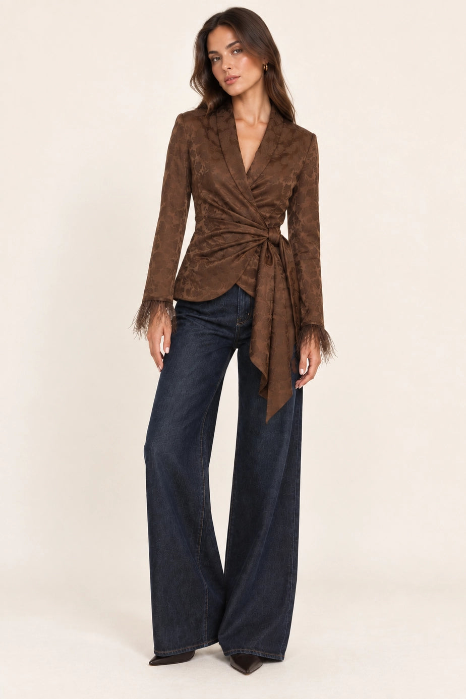 Juliette Chocolate Jacquard Wrap Jacket — front view