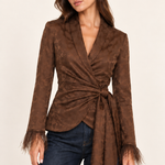 Juliette Chocolate Jacquard Wrap Jacket — half-length model portrait showing shawl collar, floral texture and tie waist