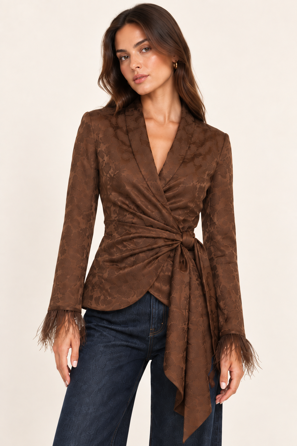 Juliette Chocolate Jacquard Wrap Jacket — half-length model portrait showing shawl collar, floral texture and tie waist