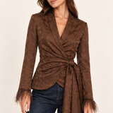 Juliette Chocolate Jacquard Wrap Jacket — half-length model portrait showing shawl collar, floral texture and tie waist