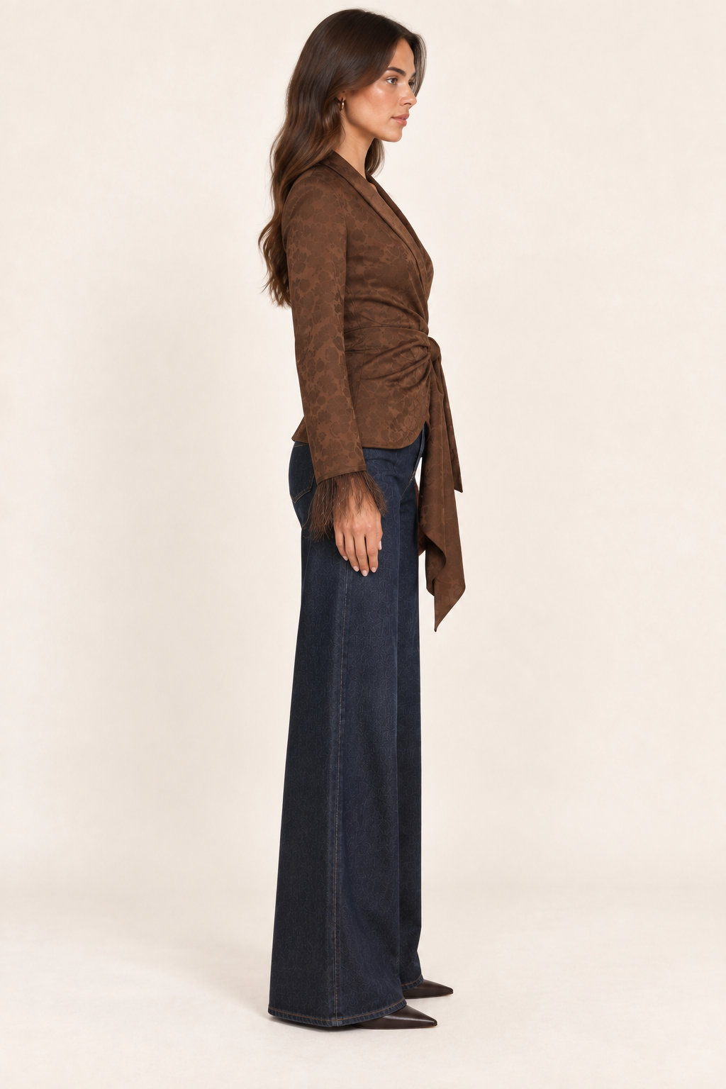 Juliette Chocolate Jacquard Wrap Jacket — side view