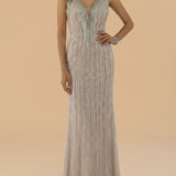 Beaded V-Neck Gown - Lara 29680