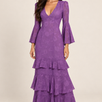 Lilas Serenade lilac floral chiffon ruffle maxi dress, studio front view