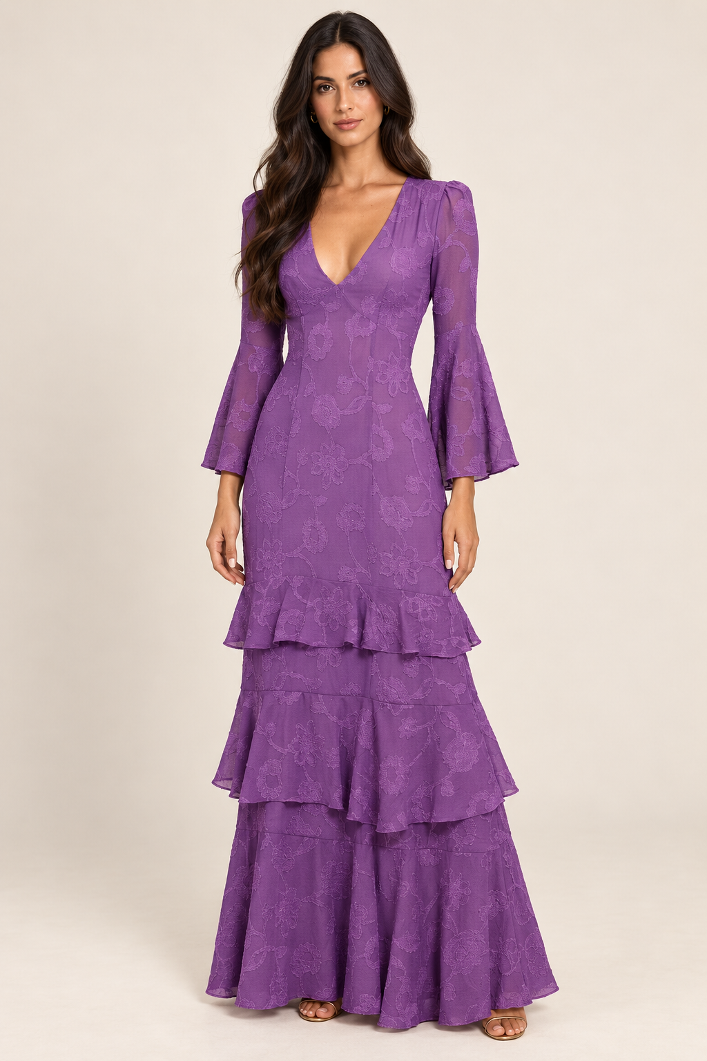 Lilas Serenade lilac floral chiffon ruffle maxi dress, studio front view