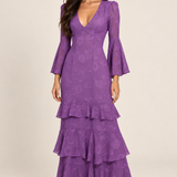 Lilas Serenade lilac floral chiffon ruffle maxi dress, studio front view