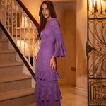 Lilac floral chiffon maxi dress, side view with bell sleeve detail