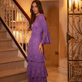 Lilac floral chiffon maxi dress, side view with bell sleeve detail