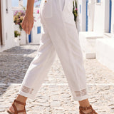 Linen Hollow Lace Stitching Elastic Waist Ankle Length Pants RITA