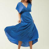 loose maxi blue dress sith golden details