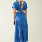 loose maxi blue dress sith golden details