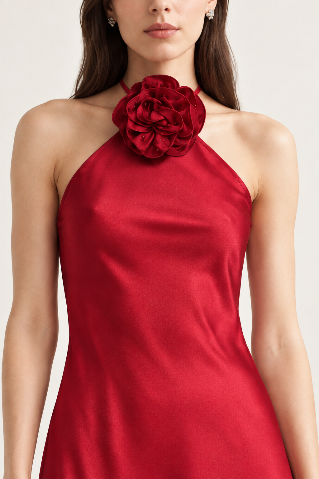 Lucienne Ruby Rosette Halter Maxi Dress close-up view