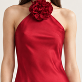 Lucienne Ruby Rosette Halter Maxi Dress close-up view