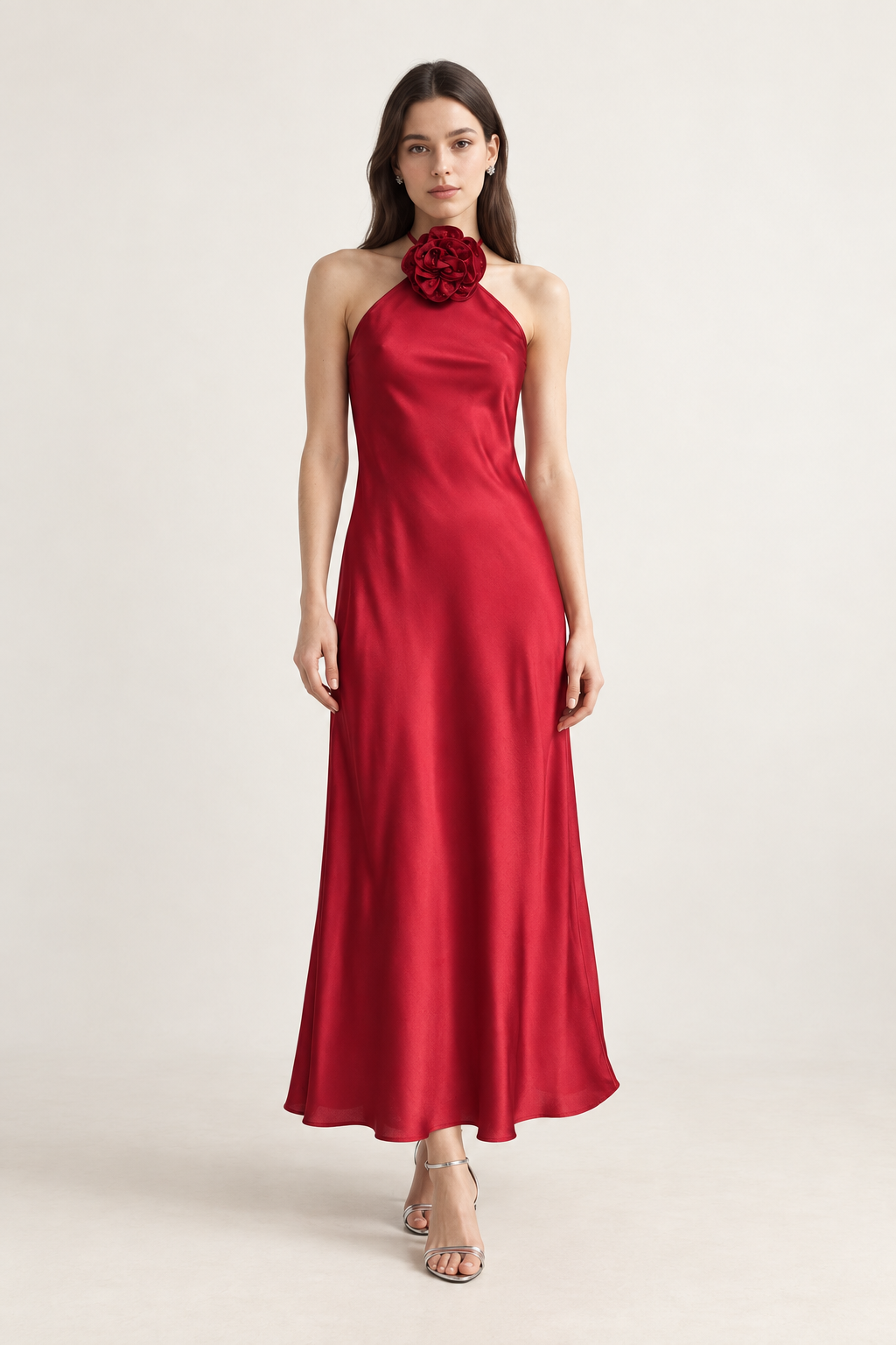 Lucienne Ruby Rosette Halter Maxi Dress front view