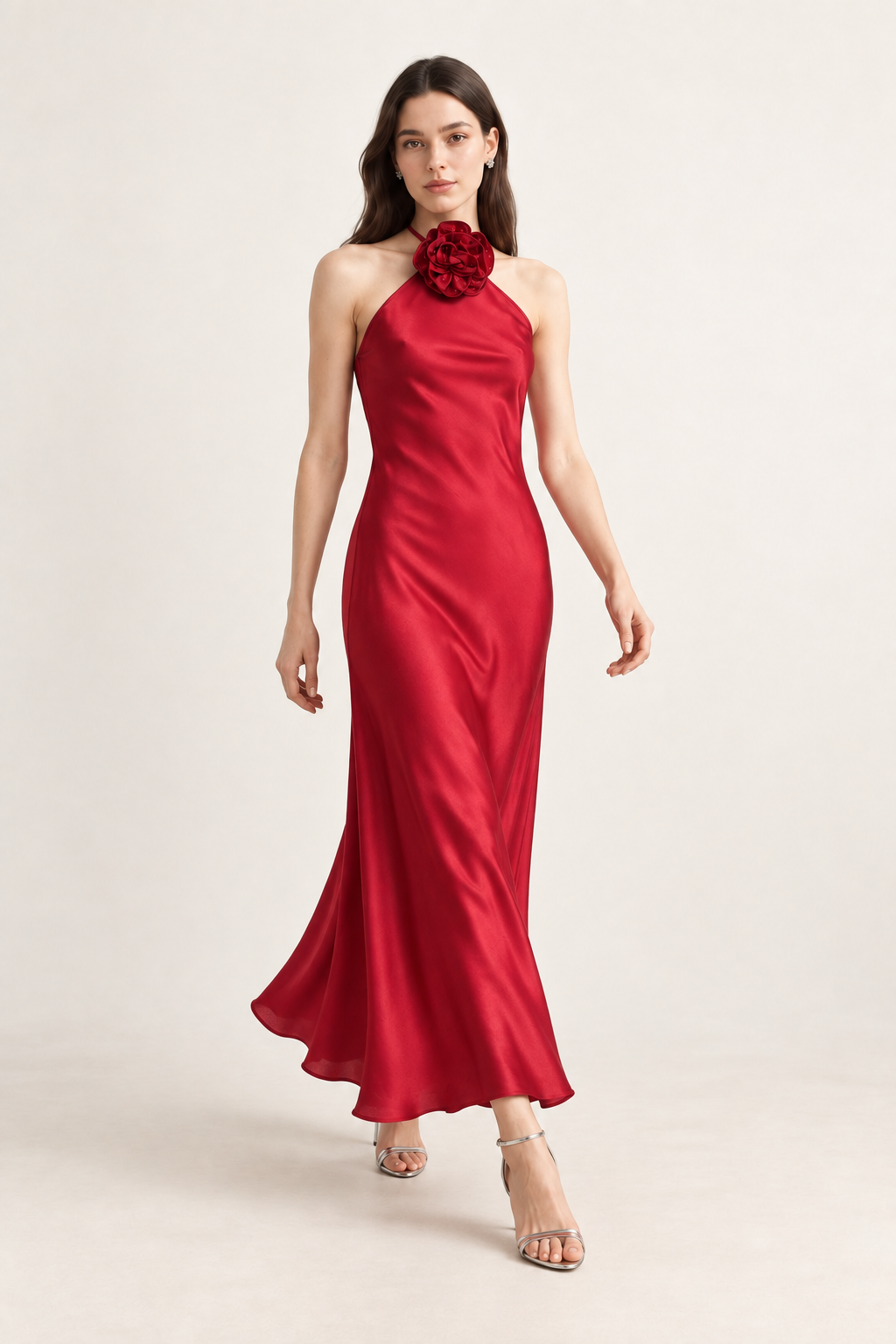 Lucienne Ruby Rosette Halter Maxi Dress movement view