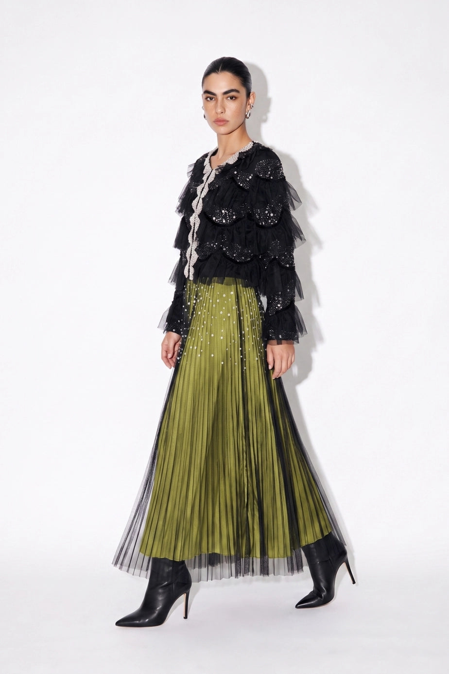 Lumière Embellished Ruffle Jacket — black angle view