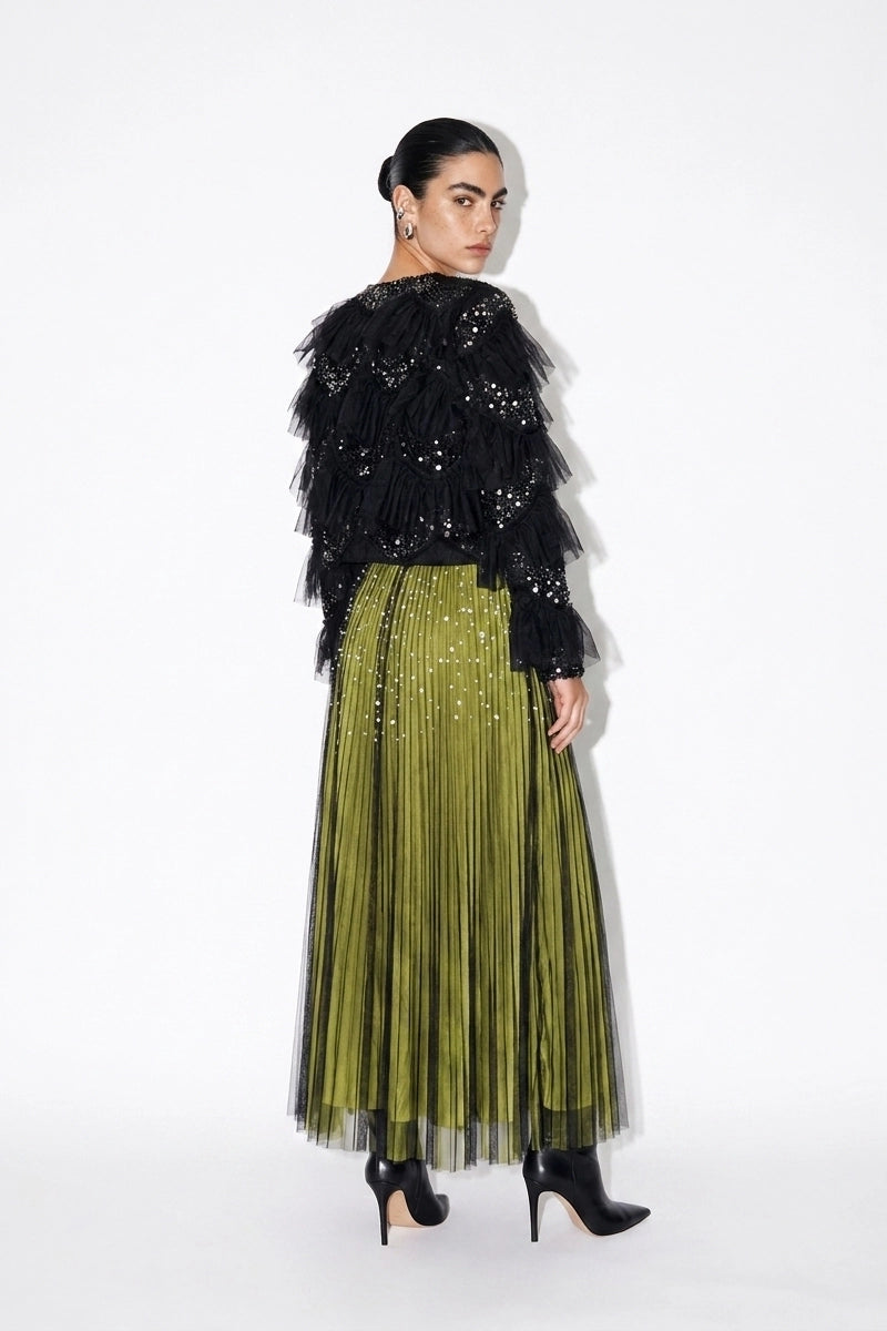 Lumière Embellished Ruffle Jacket — black back view