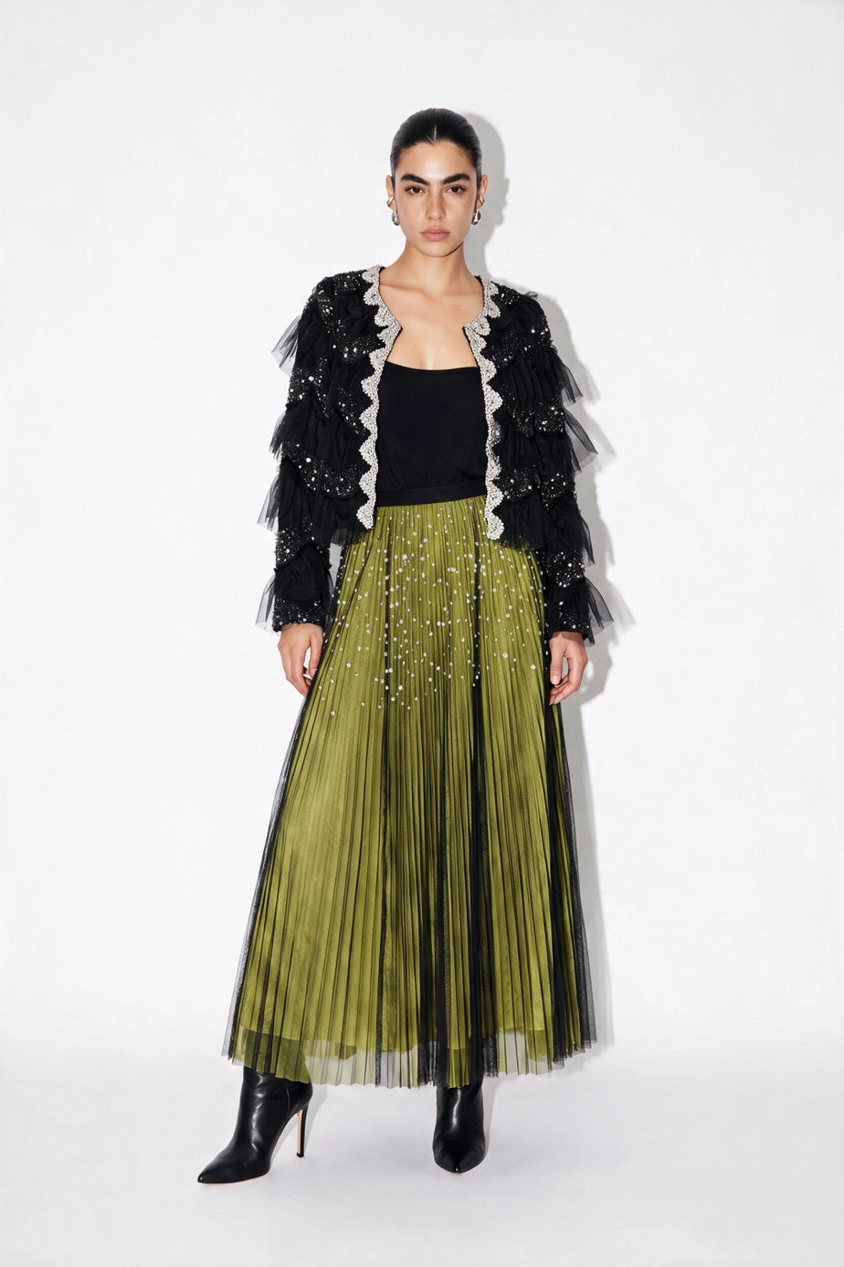 Lumière Embellished Ruffle Jacket — black front view