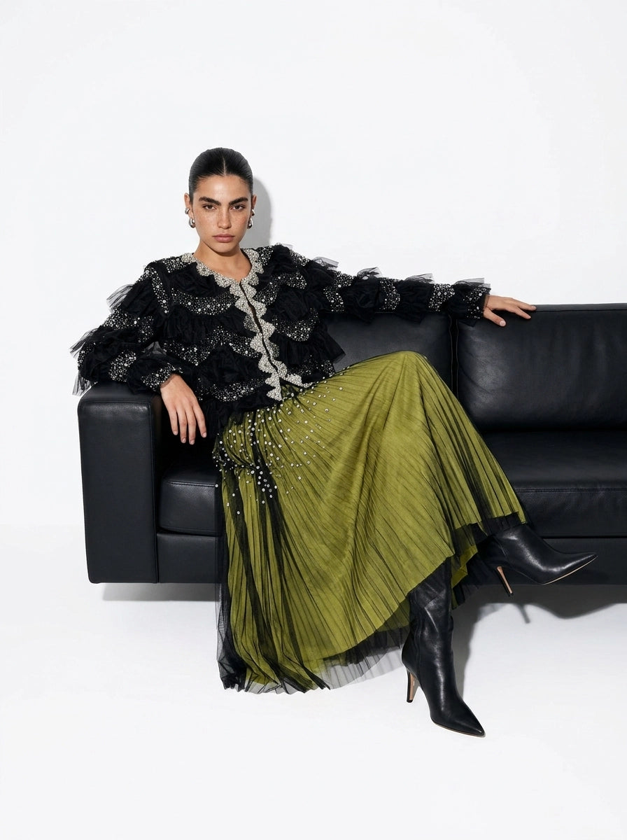 Lumière Embellished Ruffle Jacket — black seated view