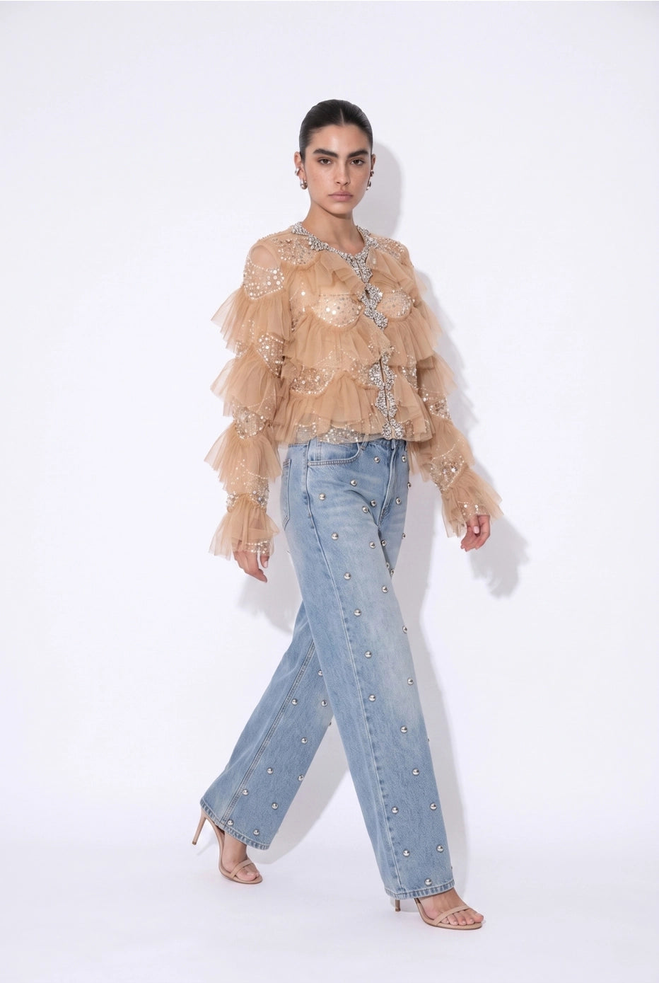 Lumière Embellished Ruffle Jacket — tan angle view