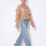 Lumière Embellished Ruffle Jacket — tan angle view