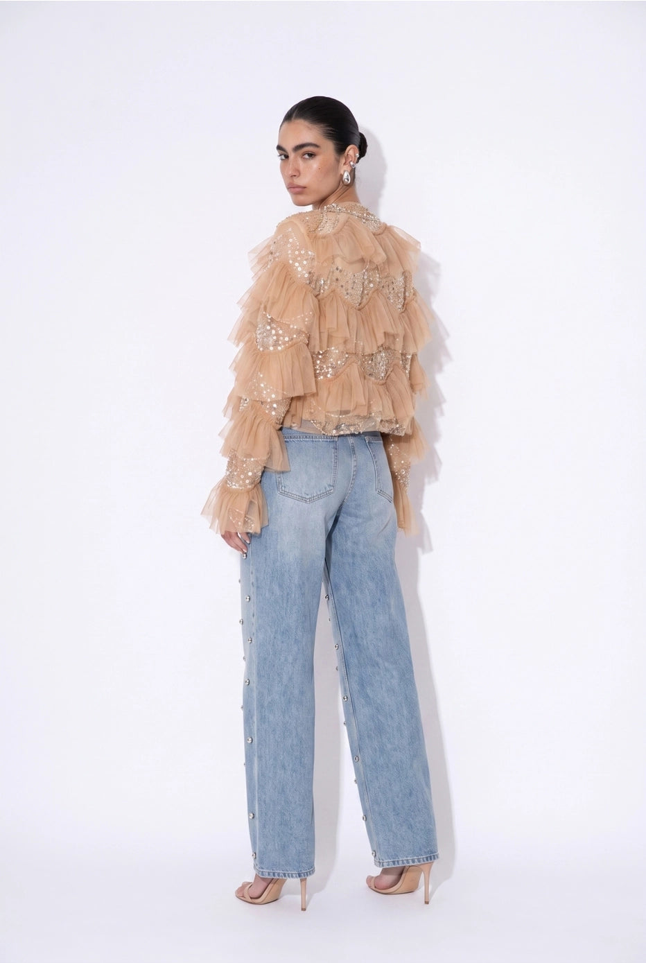 Lumière Embellished Ruffle Jacket — tan back view