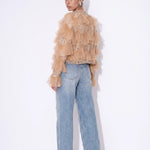Lumière Embellished Ruffle Jacket — tan back view