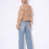 Lumière Embellished Ruffle Jacket — tan back view