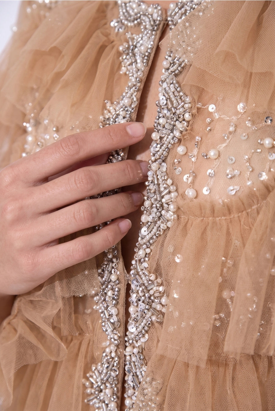 Lumière Embellished Ruffle Jacket — tan detail view