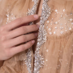 Lumière Embellished Ruffle Jacket — tan detail view