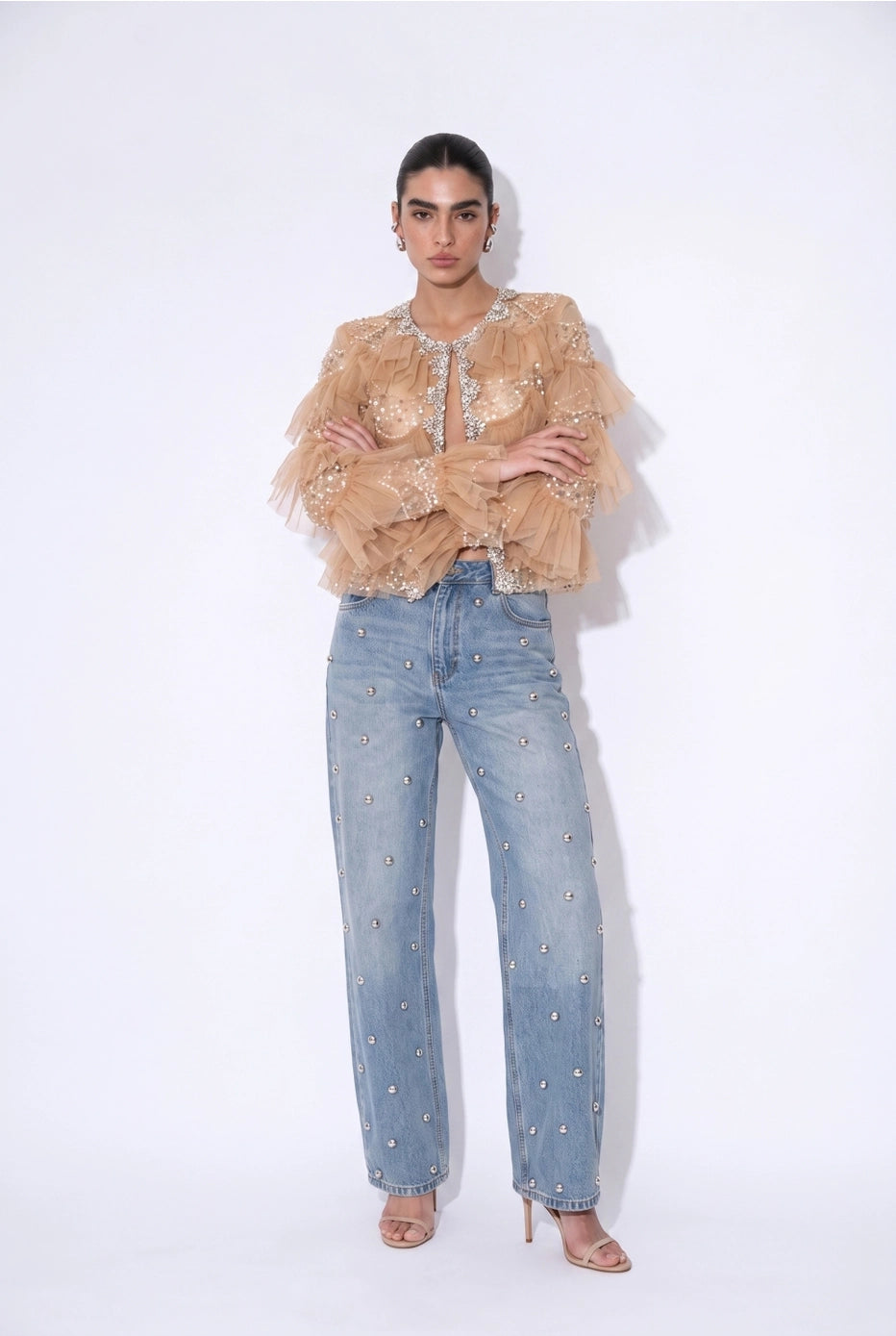 Lumière Embellished Ruffle Jacket — tan front view
