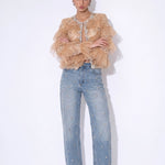 Lumière Embellished Ruffle Jacket — tan front view