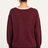 Maëlle Lace-Trim V-Neck Sweater in Burgundy — back