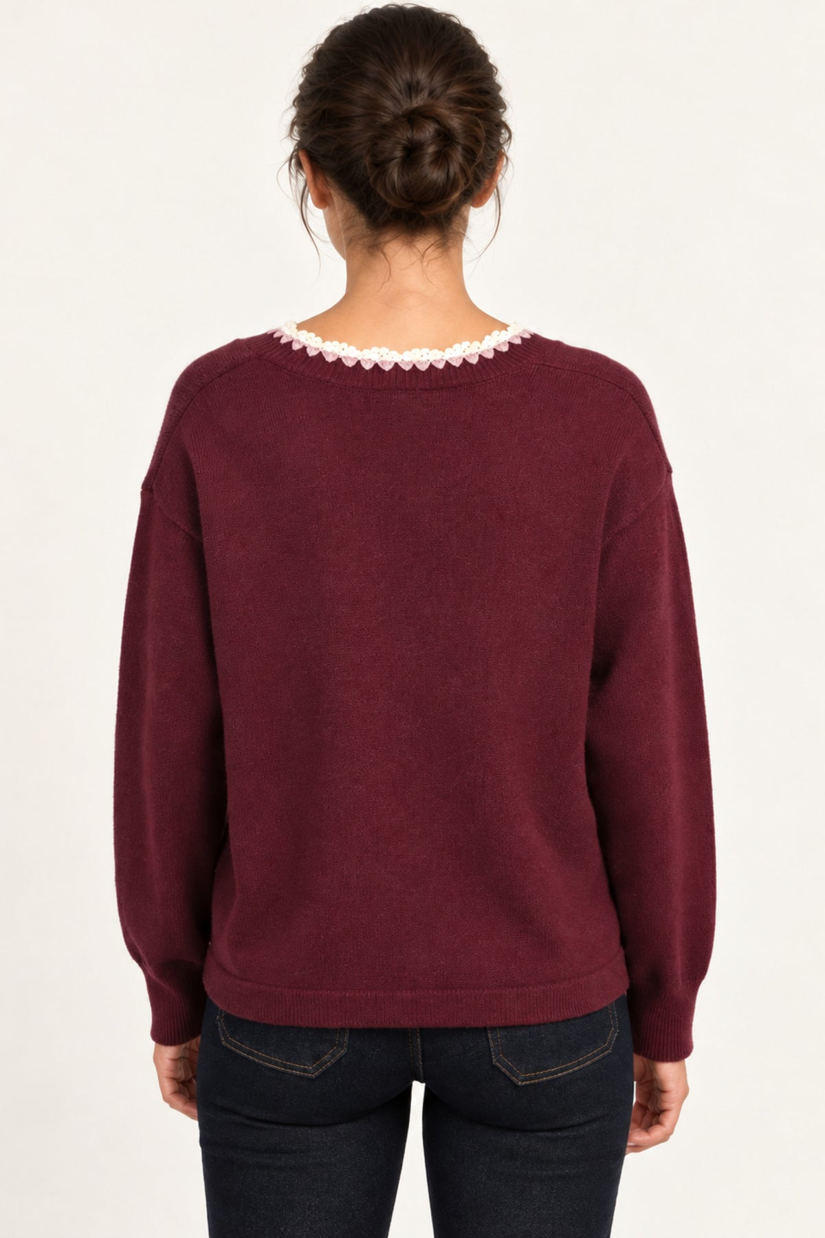 Maëlle Lace-Trim V-Neck Sweater in Burgundy — back