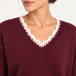 Maëlle Lace-Trim V-Neck Sweater in Burgundy — close-up
